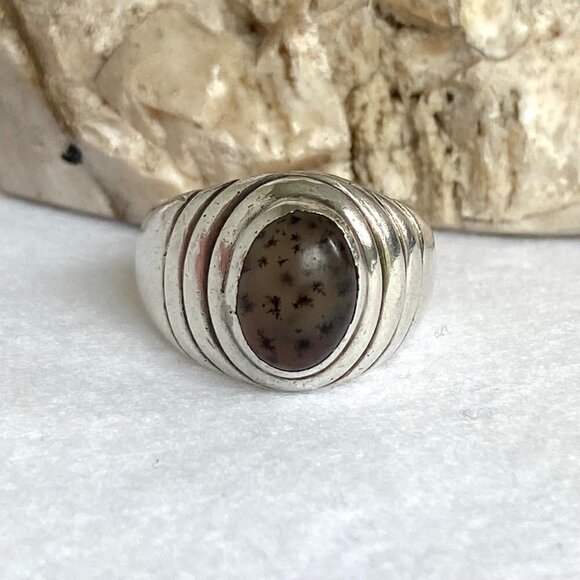 Solid Sterling Silver 925 Unisex Oval Dendritic Fern Agate Wide Band Ring Sz 8.5 - Picture 3 of 16